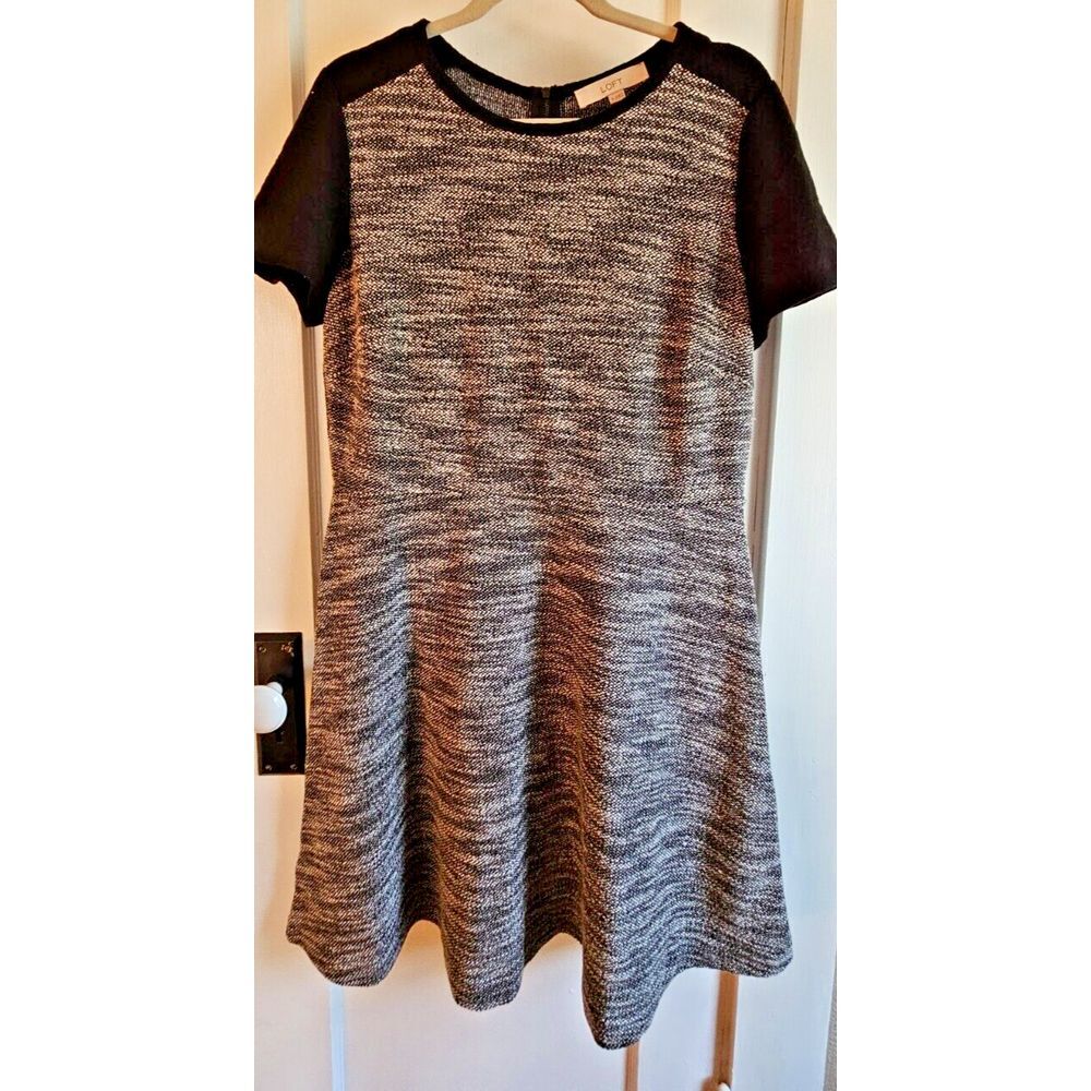 LOFT short sleeve fit flare sweater knit midi dress zip Sz 14 Cotton polyester
